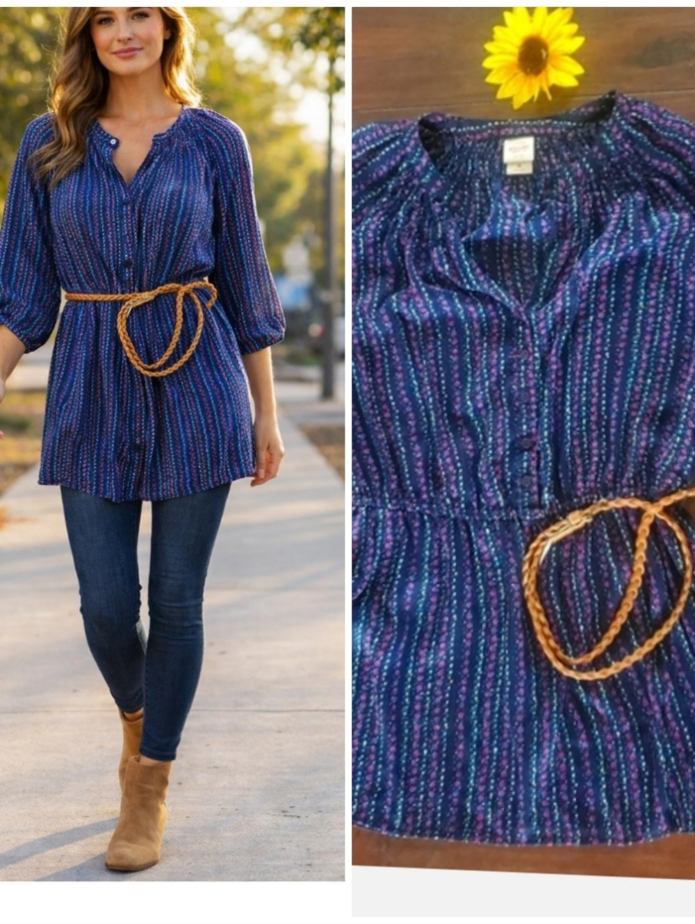 BLUE PURPLE FLOWERS BELTED TUNIC